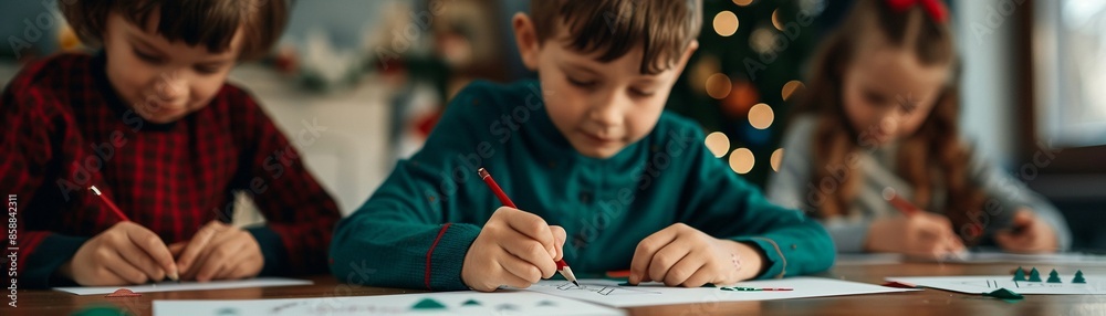 Children writing Christmas cards to friends and family, the table covered with cards, envelopes, and festive stickers, capturing the thoughtful tradition Children writing Christmas cards to friends and family, the table covered with cards, envelopes, and festive stickers, capturing the thoughtful tradition