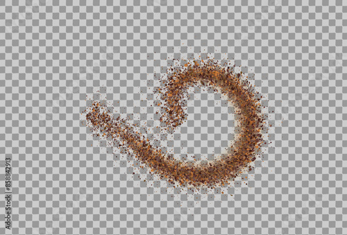 Coffee or chocolate powder, flying dust particles. Texture of dust particles in the wave or curl shape. Crushed granules of sand or brown cane sugar. Vector illustration of spilled powder.