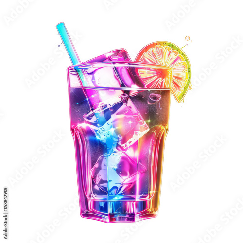 Colorful neon cocktail with ice cubes and lemon slice. Futuristic vibrant drink for nightlife and party themes.