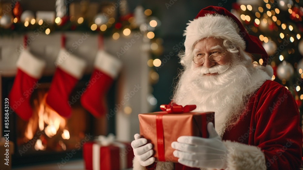Closeup of Santa Claus placing gifts under a Christmas tree, stockings hung by the fireplace, the room filled with festive decorations and the anticipation of Christmas morning