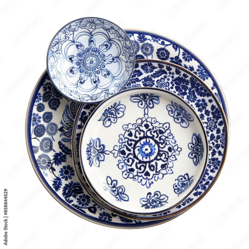 Elegant set of blue and white ceramic plates with intricate floral patterns, ideal for stylish dining and table settings. Elegant set of blue and white ceramic plates with intricate floral patterns, ideal for stylish dining and table settings.