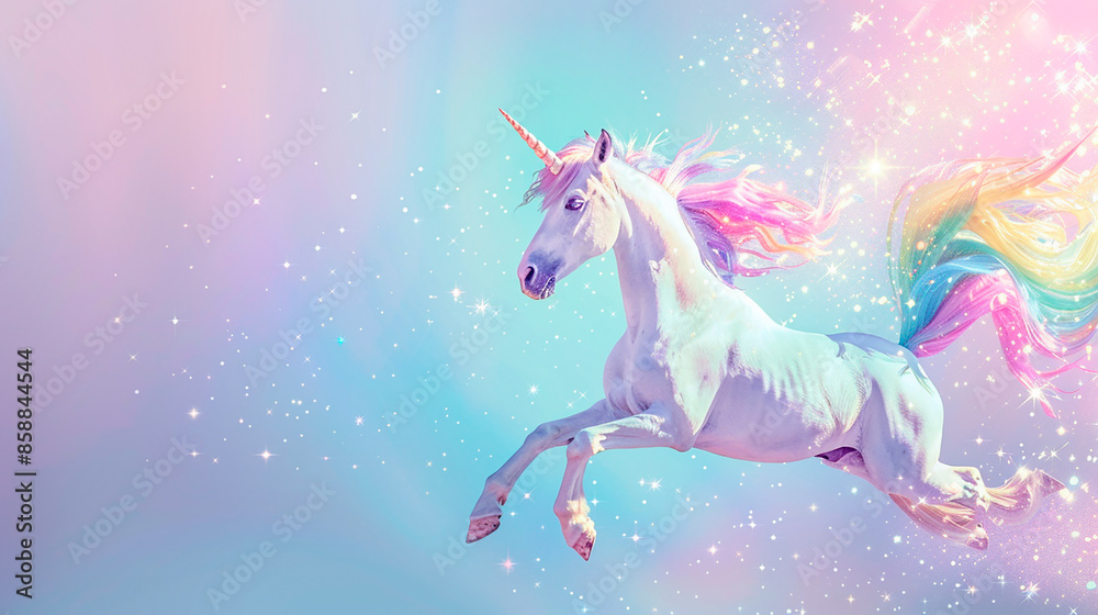 A magical unicorn with a rainbow mane against a sparkling background, symbolizing fantasy and wonder, ideal for whimsical and enchanting themes. A magical unicorn with a rainbow mane against a sparkling background, symbolizing fantasy and wonder, ideal for whimsical and enchanting themes.