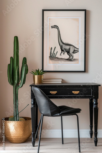 A stylish home office setup with a framed dinosaur print on the wall, a cactus plant, and a black desk with books, reflecting a modern and creative workspace.
