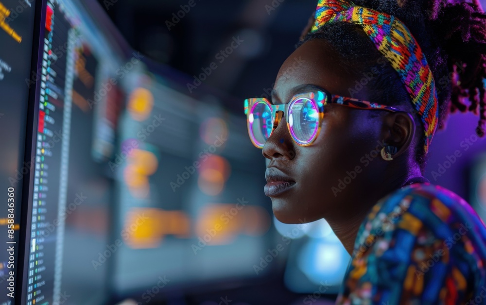 A close-up image of a focused African American woman, wearing glasses and a colorful headband, working late at night in front of multiple computer monitors A close-up image of a focused African American woman, wearing glasses and a colorful headband, working late at night in front of multiple computer monitors