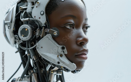 A close-up portrait of a female AI cyborg, showcasing a futuristic mechanical headpiece and her thoughtful expression