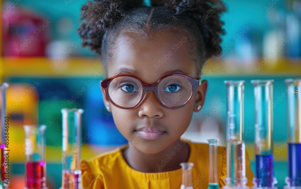 A young African American girl wearing glasses looks intently at a row of beakers filled with colorful liquids during a science experiment in her elementary school classroom A young African American girl wearing glasses looks intently at a row of beakers filled with colorful liquids during a science experiment in her elementary school classroom