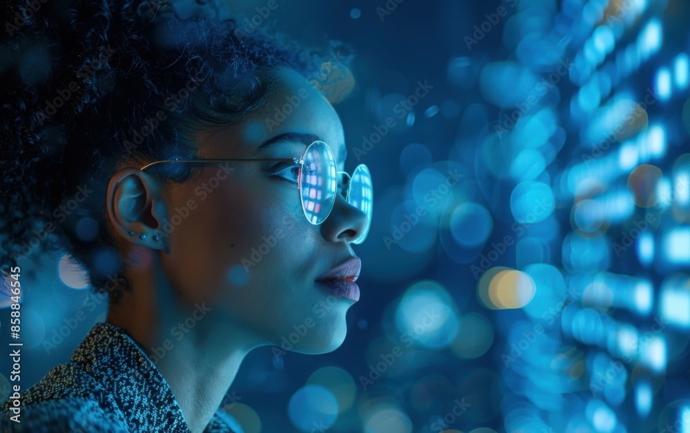 A young woman, wearing glasses, stands against a backdrop of blue lights, representing the ever-evolving digital landscape of cybersecurity in Africa A young woman, wearing glasses, stands against a backdrop of blue lights, representing the ever-evolving digital landscape of cybersecurity in Africa
