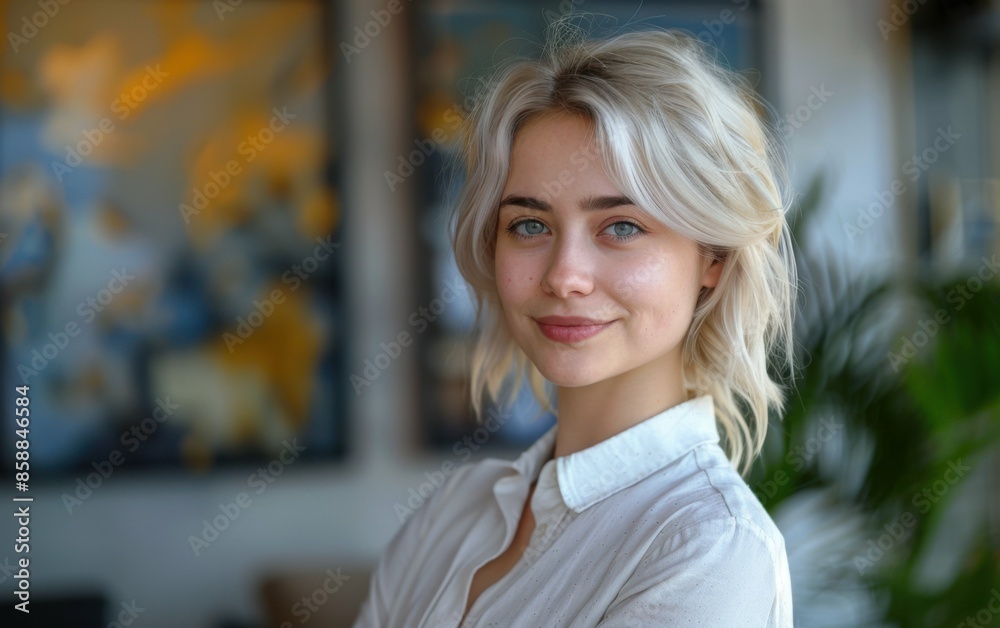 A businesswoman with blonde hair and a white shirt stands in an office with art on the walls, smiling confidently A businesswoman with blonde hair and a white shirt stands in an office with art on the walls, smiling confidently