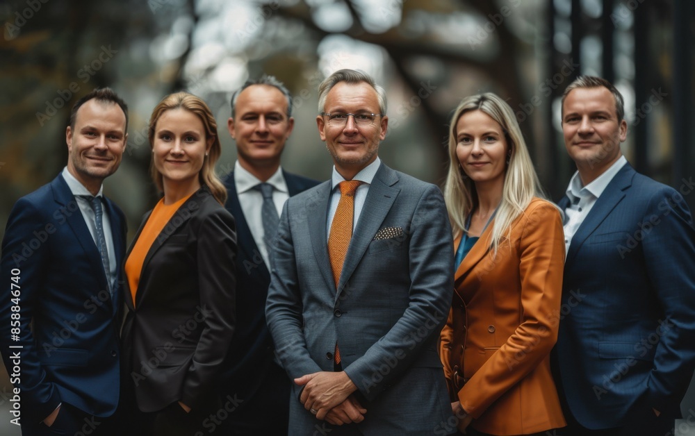 A diverse team of professionals, dressed in business attire, pose for a portrait outside an office building A diverse team of professionals, dressed in business attire, pose for a portrait outside an office building