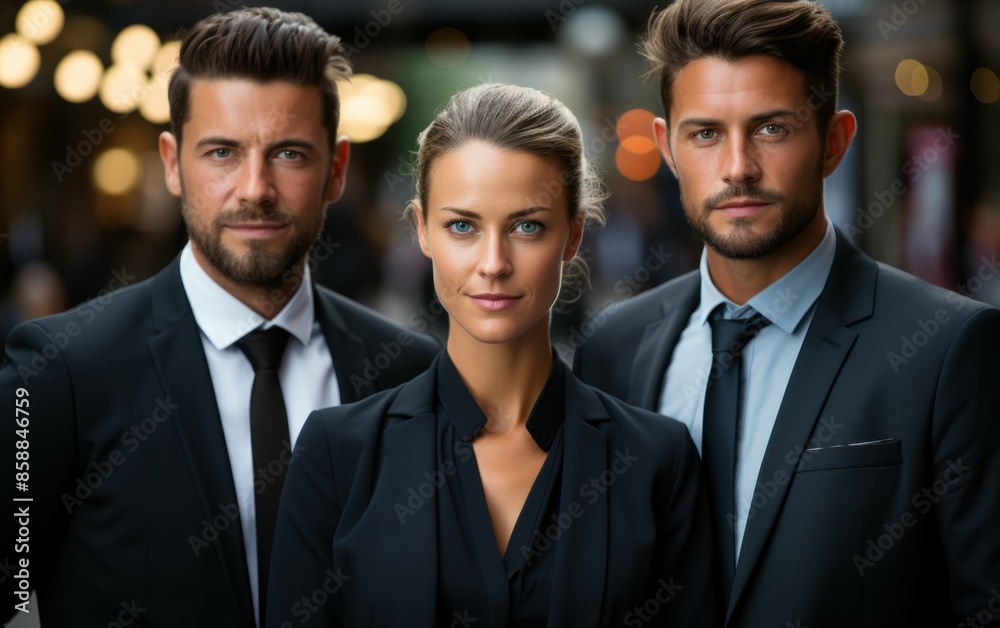 A diverse team of business professionals, including two men and one woman, stand together in a city setting. They are all dressed in formal attire, and the woman is wearing a black suit A diverse team of business professionals, including two men and one woman, stand together in a city setting. They are all dressed in formal attire, and the woman is wearing a black suit