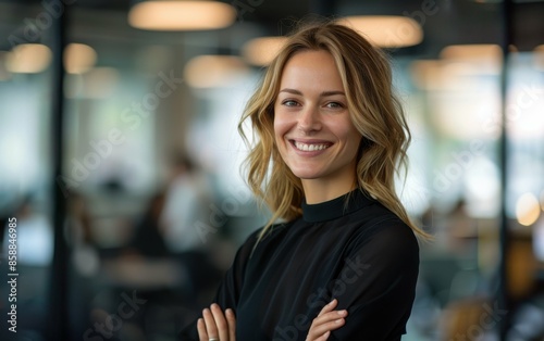 A confident businesswoman stands in a modern office setting, smiling warmly at the camera with her arms crossed