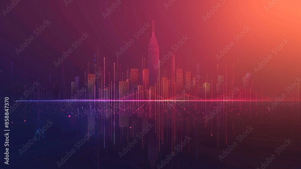 Fototapeta premium The concept of smart city infrastructure is visualized with abstract dots connecting gradient lines, illustrating intricate wave designs and big data connection technologies.