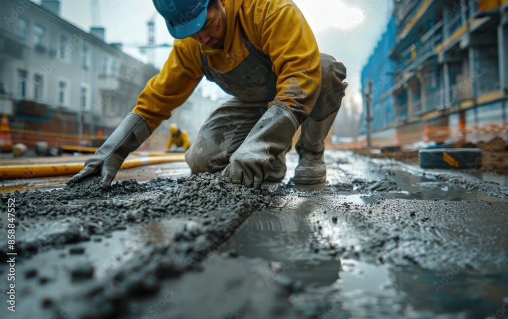 A construction worker kneels down, carefully smoothing out wet concrete with his gloved hands A construction worker kneels down, carefully smoothing out wet concrete with his gloved hands
