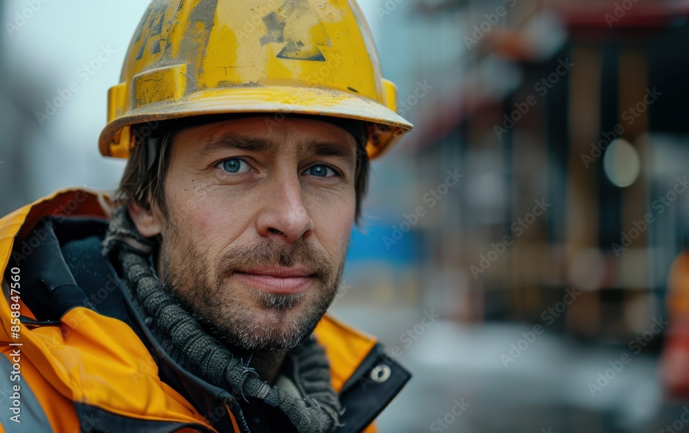 A construction worker wearing a hard hat and a bright orange jacket looks at the camera while working at a construction site A construction worker wearing a hard hat and a bright orange jacket looks at the camera while working at a construction site
