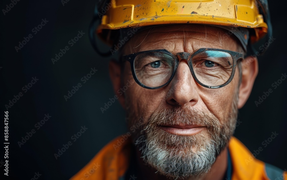 A construction worker wearing a yellow hard hat and safety glasses looks directly at the camera A construction worker wearing a yellow hard hat and safety glasses looks directly at the camera