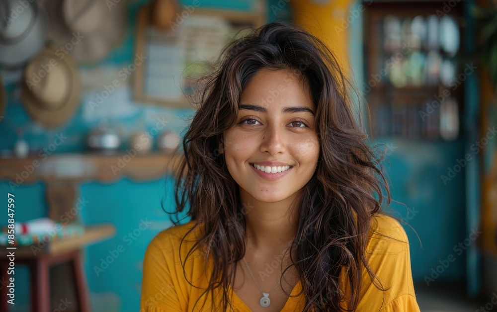 A young Indian woman with long brown hair smiles confidently while wearing a yellow shirt in a brightly colored shop A young Indian woman with long brown hair smiles confidently while wearing a yellow shirt in a brightly colored shop