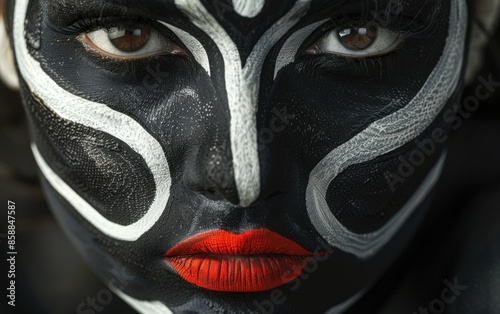 A close-up portrait of a woman with black and white face paint. Her eyes are intense and focused, and her lips are painted a bright red