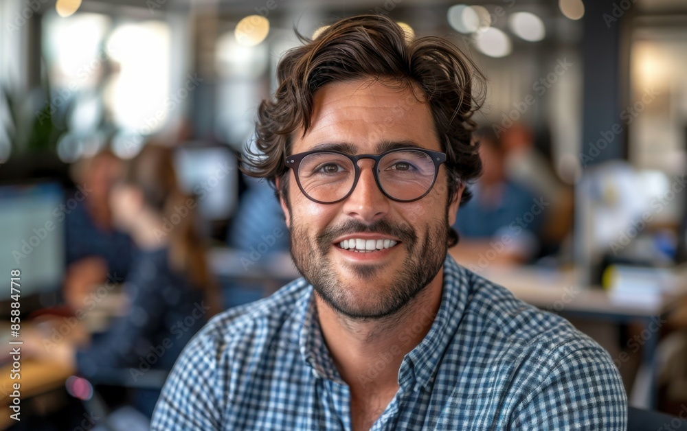 A young man in glasses smiles at the camera while sitting in an office setting. He is wearing a blue and white plaid shirt A young man in glasses smiles at the camera while sitting in an office setting. He is wearing a blue and white plaid shirt
