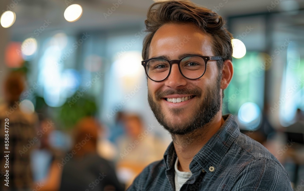 A happy man with glasses smiles at the camera in a modern office setting. He has a beard and is wearing a plaid shirt A happy man with glasses smiles at the camera in a modern office setting. He has a beard and is wearing a plaid shirt
