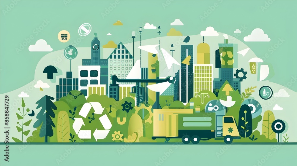 Sustainable Urban Landscape with Eco-Friendly Icons and Renewable Energy Symbols Sustainable Urban Landscape with Eco-Friendly Icons and Renewable Energy Symbols