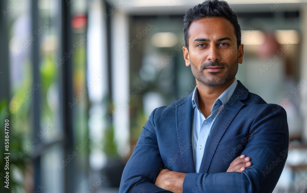 A confident Indian businessman stands in a modern office setting, arms crossed, looking directly at the camera. He is wearing a blue blazer and light blue shirt A confident Indian businessman stands in a modern office setting, arms crossed, looking directly at the camera. He is wearing a blue blazer and light blue shirt