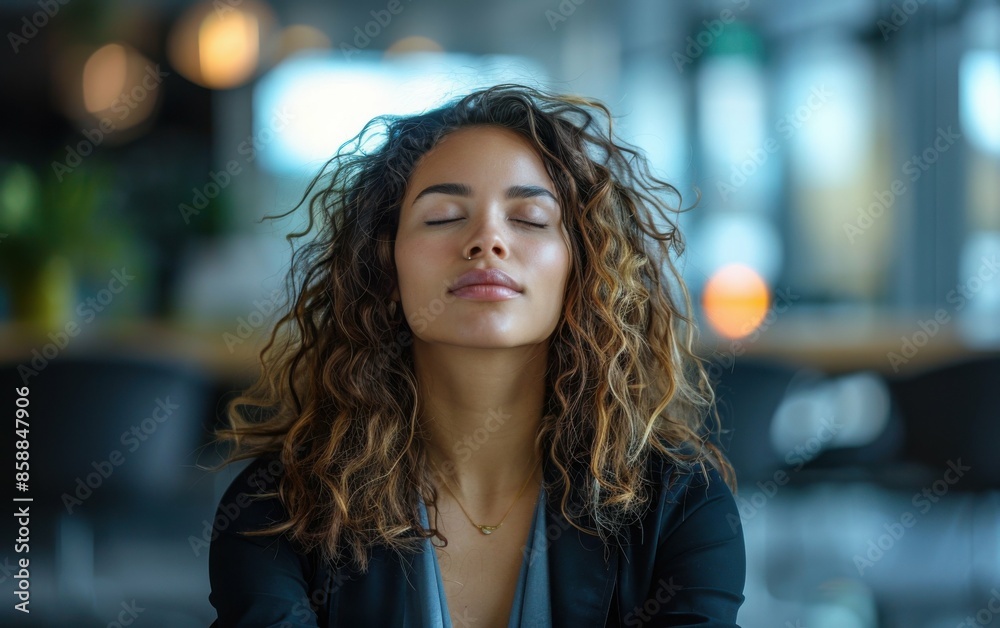 Obraz premium A corporate woman with curly hair is meditating at her desk in an office setting, finding moments of peace during the workday