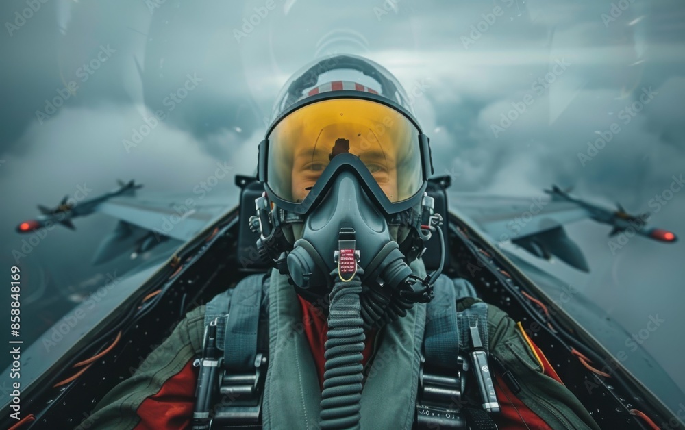 Fototapeta premium A close-up of a fighter pilot in the cockpit of a jet during flight, with another jet visible in the background