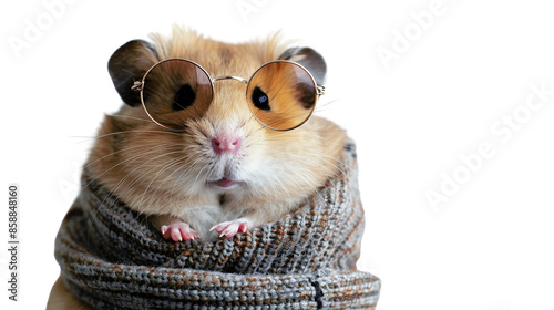 A cute hamster wearing sunglasses and a knitted sweater looks directly at the camera. photo