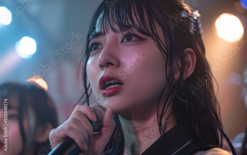 A close-up shot of a female idol group member singing into a microphone during a live performance at a music venue photo