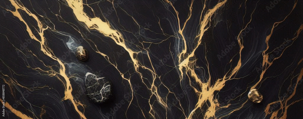 Fototapeta premium Black Marble With Golden Veins, Black Marbel natural pattern for background, abstract black white and gold, black and yellow marble, high gloss marble stone texture of digital tiles design. 