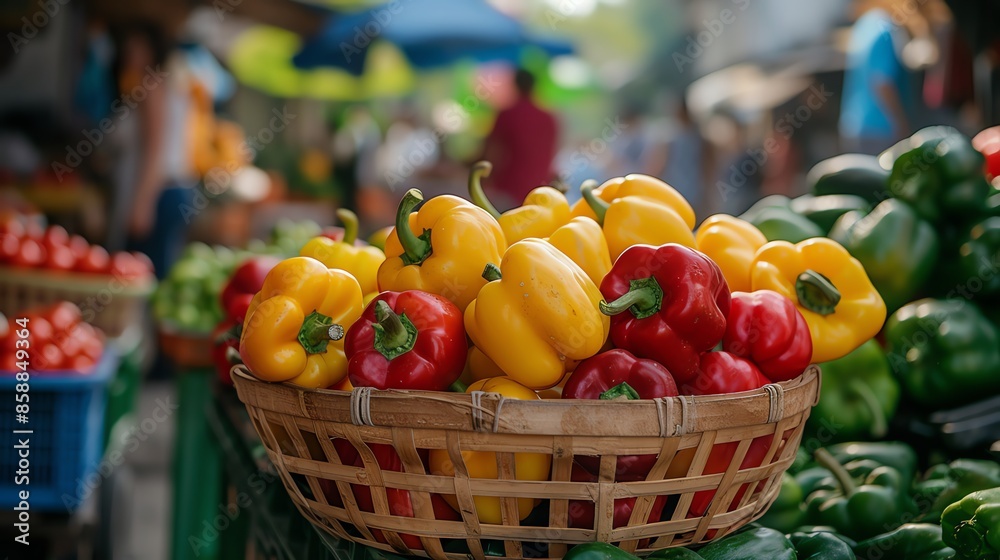 Close up of colorful bell peppers in a woven basket at a farmers market. Close up of colorful bell peppers in a woven basket at a farmers market.