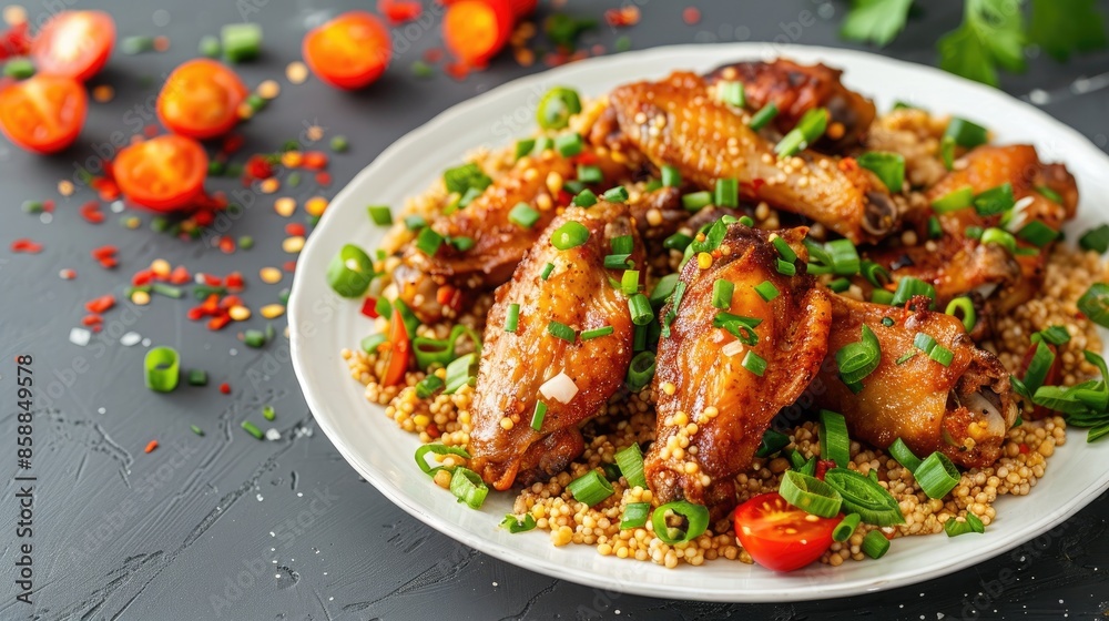 Chicken wings cooked with bulgur garnished with green onions and cherry tomatoes on a white plate Photo taken from a horizontal angle Chicken wings cooked with bulgur garnished with green onions and cherry tomatoes on a white plate Photo taken from a horizontal angle