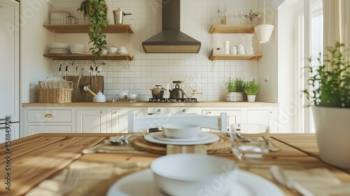 Scandinavian apartment interior with natural wood and white accents