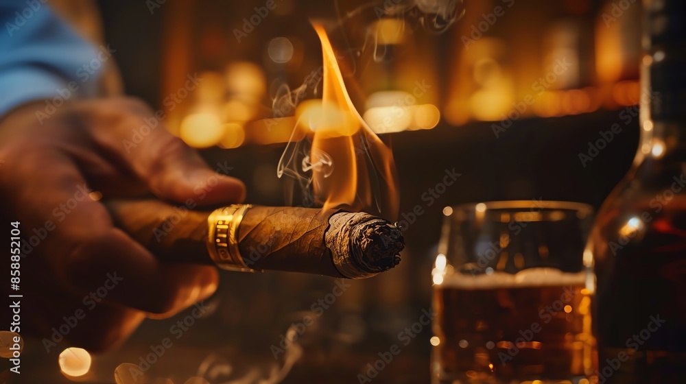 Naklejka premium Close-up of a hand lighting a cigar with a glass of whiskey on the table, creating a warm and cozy atmosphere in a bar.