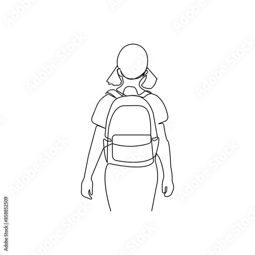 Young girl with backpack isolated line drawing. Education concept hand-drawn illustration.