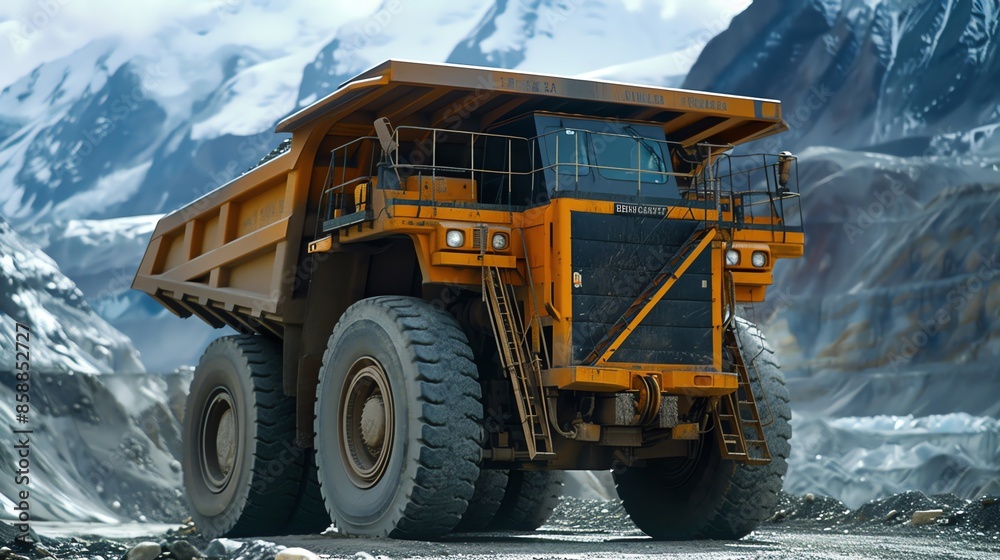 A large, yellow dump truck drives through a gravel quarry, with snow-capped mountains in the background. A large, yellow dump truck drives through a gravel quarry, with snow-capped mountains in the background.