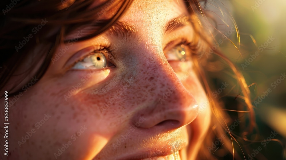 Radiant Joy - Close-up of a person's face with genuine laughter under a warm glowing sun Radiant Joy - Close-up of a person's face with genuine laughter under a warm glowing sun
