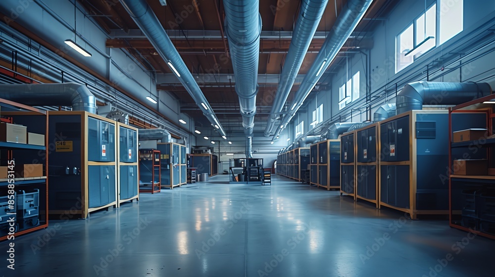 Modern industrial warehouse with large ventilation system and rows of storage cabinets. Modern industrial warehouse with large ventilation system and rows of storage cabinets.