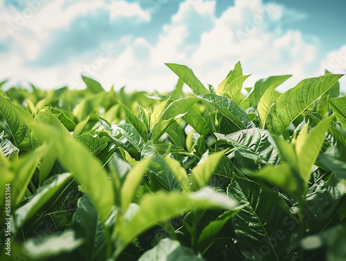 Fototapeta Naklejka Na Ścianę i Meble -  Lush green tobacco leaves growing under a blue sky with clouds, representing agriculture, nature, and the farming industry.