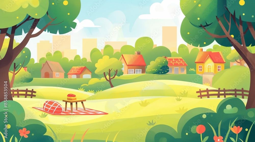 Naklejka premium Landscape with houses and trees, illustration design