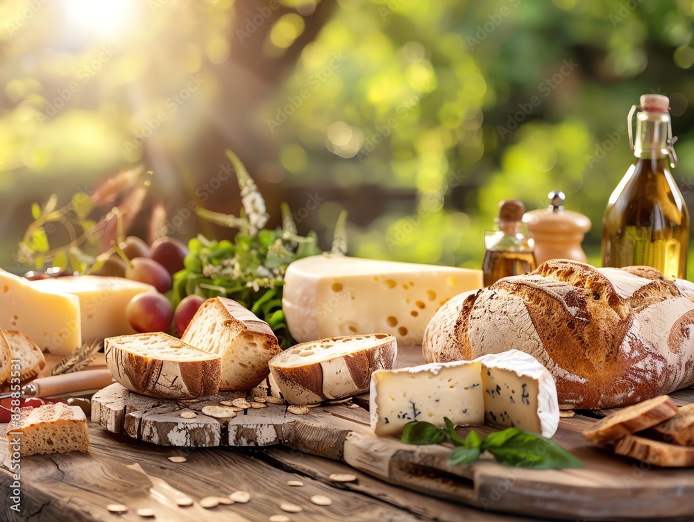 Rustic picnic with assorted cheeses, fresh bread, and vegetables outdoors on a wooden table in a serene setting. Rustic picnic with assorted cheeses, fresh bread, and vegetables outdoors on a wooden table in a serene setting.
