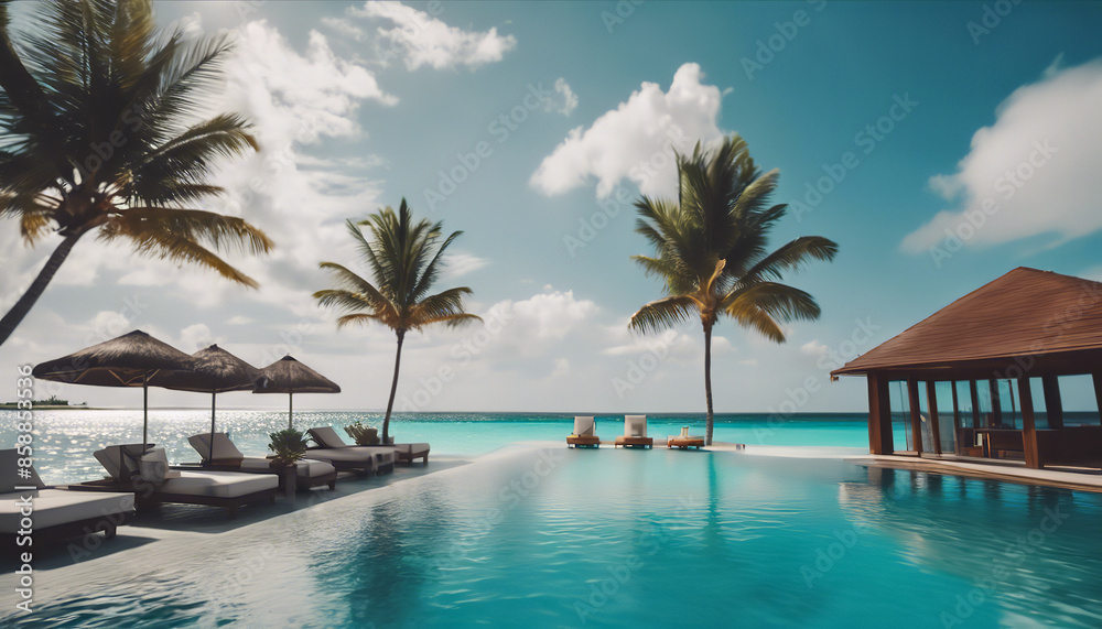 Stunning landscape, swimming pool blue sky with clouds. Tropical resort hotel in Maldives. Fantastic relax and peaceful vibes, chairs, loungers under umbrella and palm leaves. Luxury travel vacation. Stunning landscape, swimming pool blue sky with clouds. Tropical resort hotel in Maldives. Fantastic relax and peaceful vibes, chairs, loungers under umbrella and palm leaves. Luxury travel vacation.