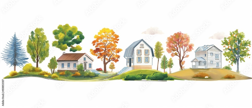 Landscape with houses and trees, illustration design Landscape with houses and trees, illustration design