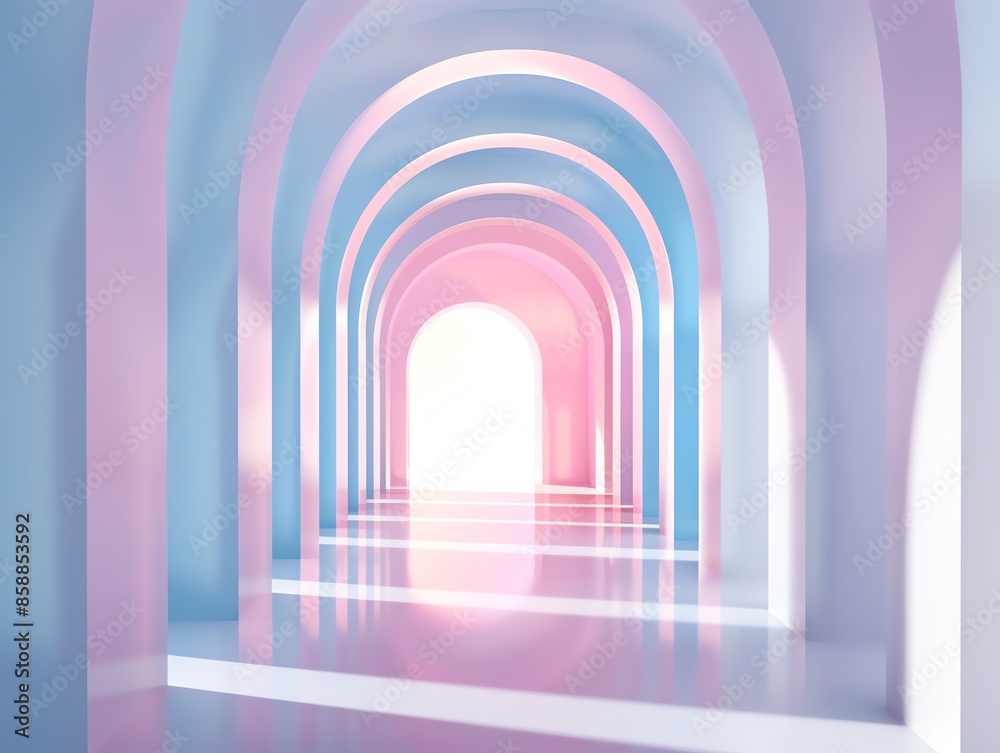 Surreal hallway with pastel arches blending pink and blue hues, creating a dreamy, futuristic atmosphere with soft light and shadows. Surreal hallway with pastel arches blending pink and blue hues, creating a dreamy, futuristic atmosphere with soft light and shadows.