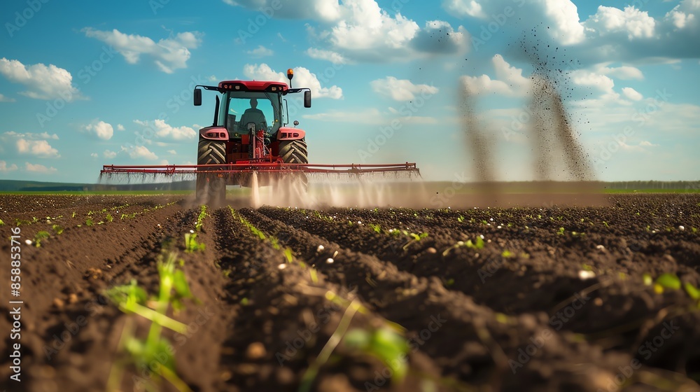 Fototapeta premium A red tractor sprays fertilizer on a field of young crops.