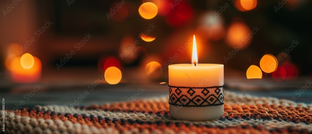 Closeup of a kinara with the candle for the principle of Kuumba creativity lit, surrounded by handmade decorations and symbols of the holiday Closeup of a kinara with the candle for the principle of Kuumba creativity lit, surrounded by handmade decorations and symbols of the holiday