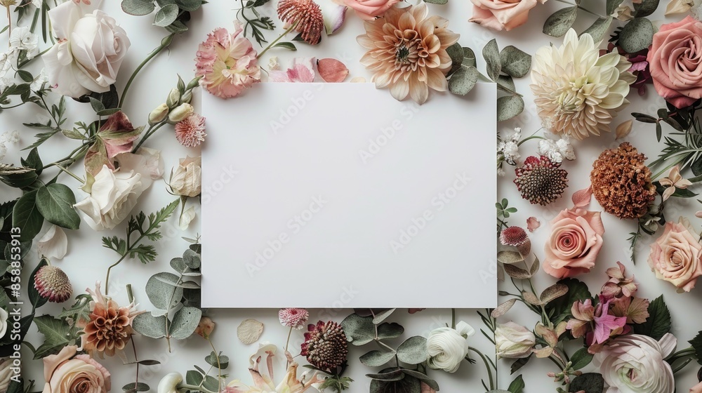 Blank paper with floral design from above for card mockup Blank paper with floral design from above for card mockup