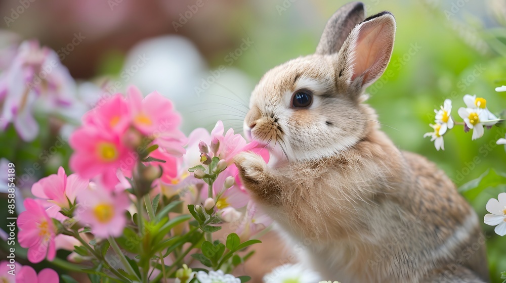 Fototapeta premium Little rabbit smelling a flower in the garden.