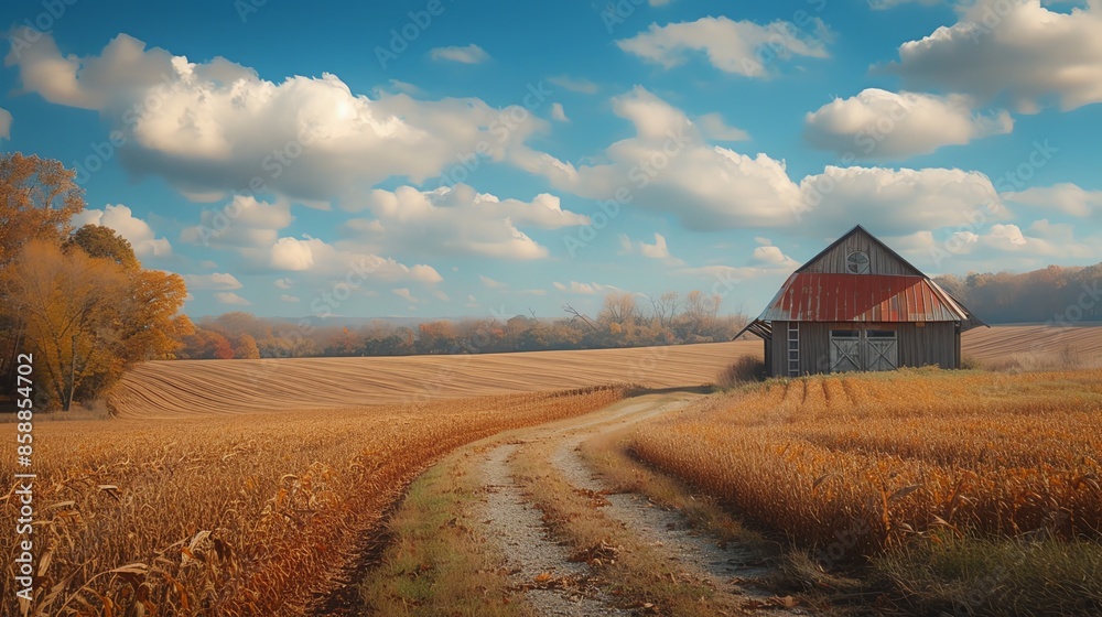 A weathered barn stands in a field of tall, golden corn stalks with a winding dirt road leading to it, under a sky filled with fluffy white clouds. A weathered barn stands in a field of tall, golden corn stalks with a winding dirt road leading to it, under a sky filled with fluffy white clouds.
