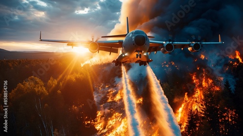 A firefighting airplane dropping water on a forest fire from above. photo